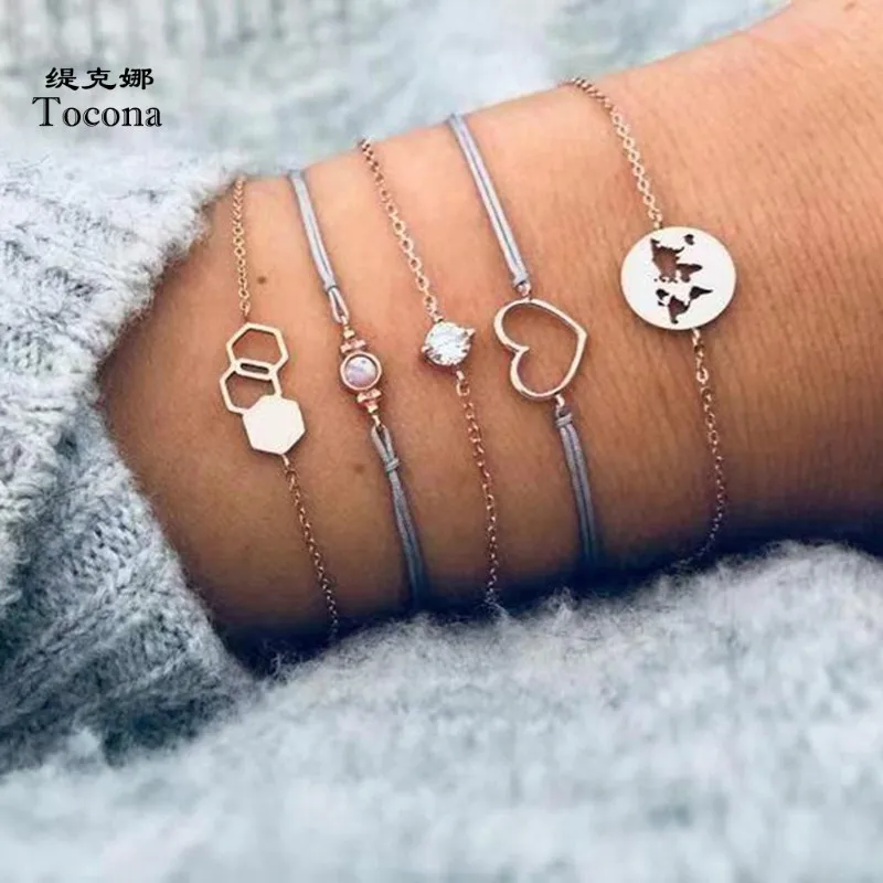 

Tocona 5pcs/sets New Arrival Heart Geometric Design Bracelets Hollow Gold Color Elegant Bangles Jewelry For Women Ladies 3660