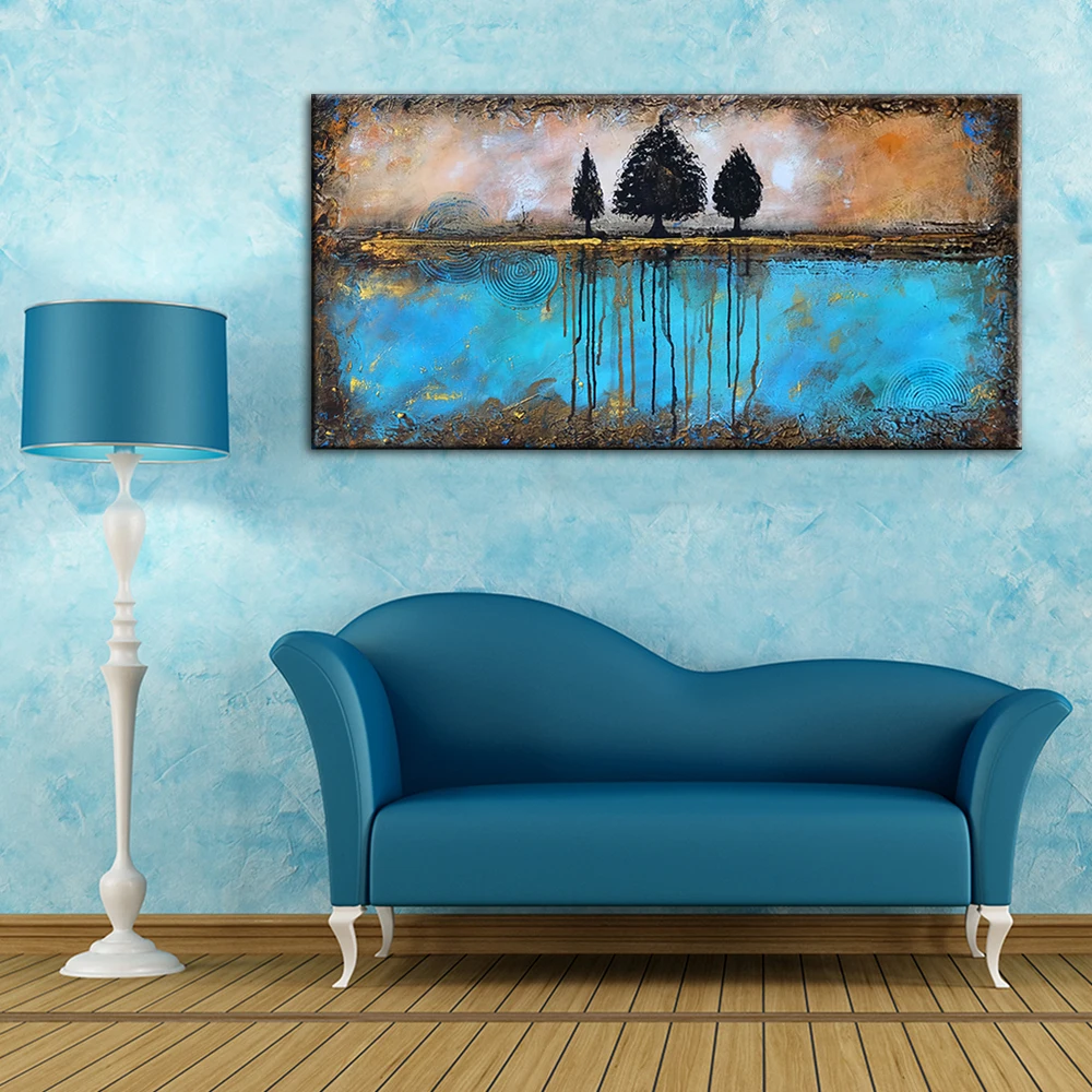 

Abstract Trees Blue Water Hand Painted Oil Painting Brown Sky Canvas Art Wall Decorative Pictures Large Acrylic Art