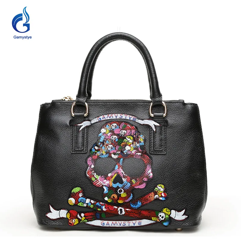 

Gamystye New Women bags Graffiti totes design bags hand paint skull handbags Genuine leather shoulder bag colors skull cool punk