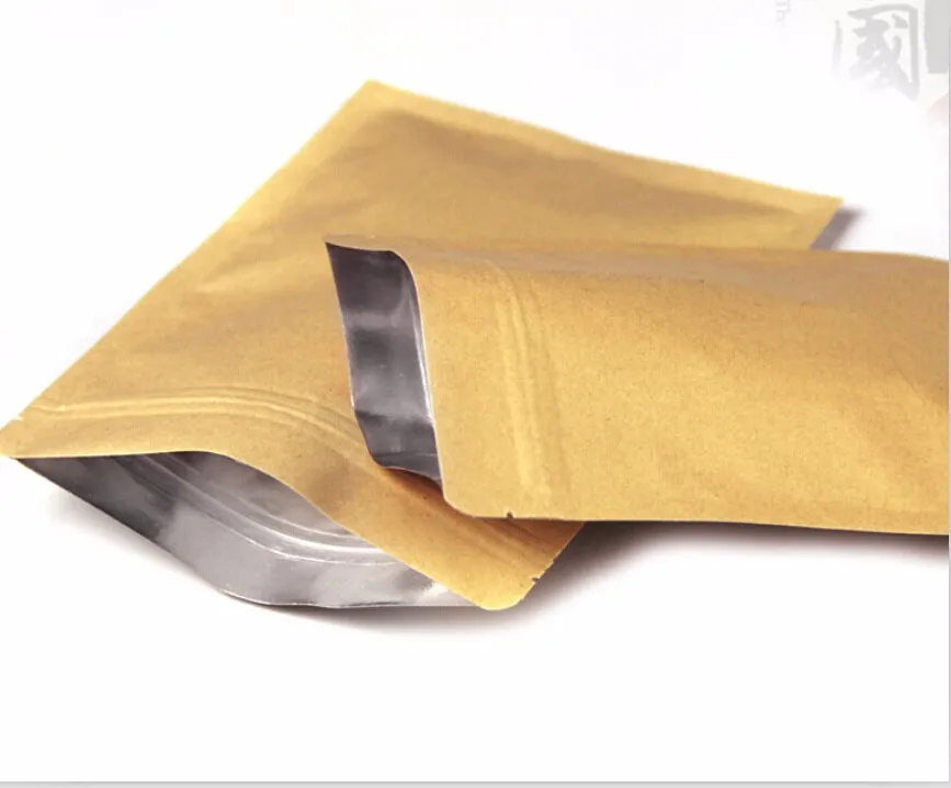 OEM логотип крафт-бумага герметичная алюминиевая фольга внутри пакет для продуктов со струнным замком конфеты пакет мешок небольшой плоский нижний золотой замок на молнии мешок 100 шт