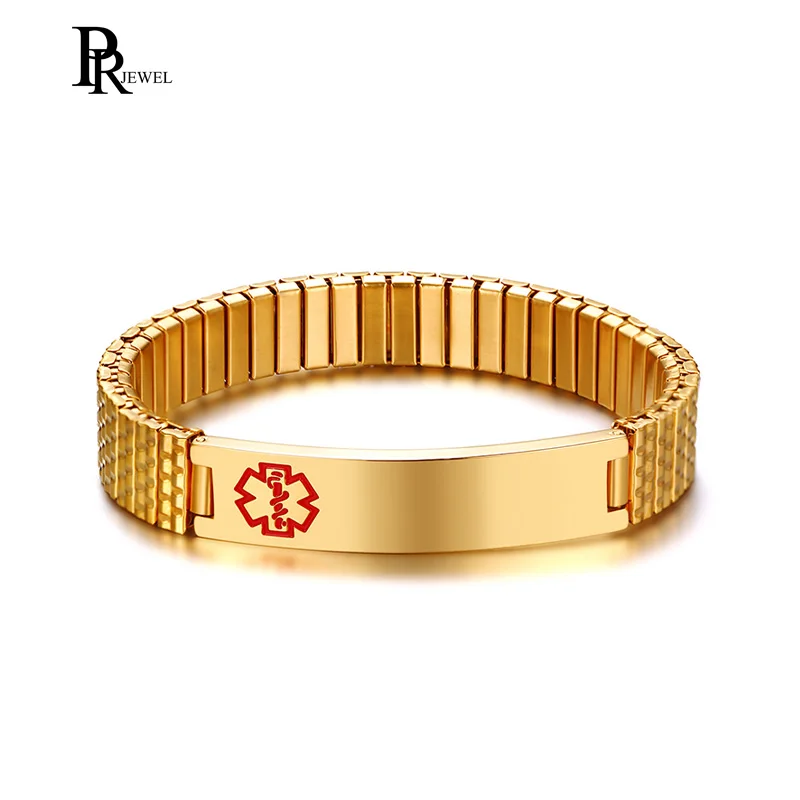 

Customized Gold Color Medical Alert ID Bracelets With Elastic Wrist Strap Free Engraving