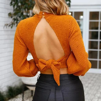 

Women Hollow Out Turtleneck Knitted Sweater 2018 Autumn Sexy Backless Bow Tie Crop Tops Casual Pullover Ladies Knitwear Clothes