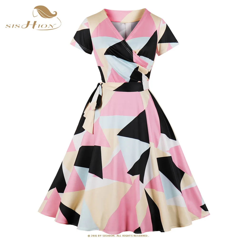 

SISHION Geometric Print Pink Dress Short Sleeve Patchwork Tunic Plus Size Women Dresses with Belt VD0848