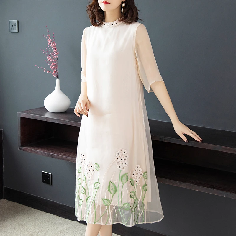 

Attractive Flower Embroidery Voile A-Line Ladies Dress Stand Collar Top Quality Silk Blue Apricot See Through Summer Dresses 3XL