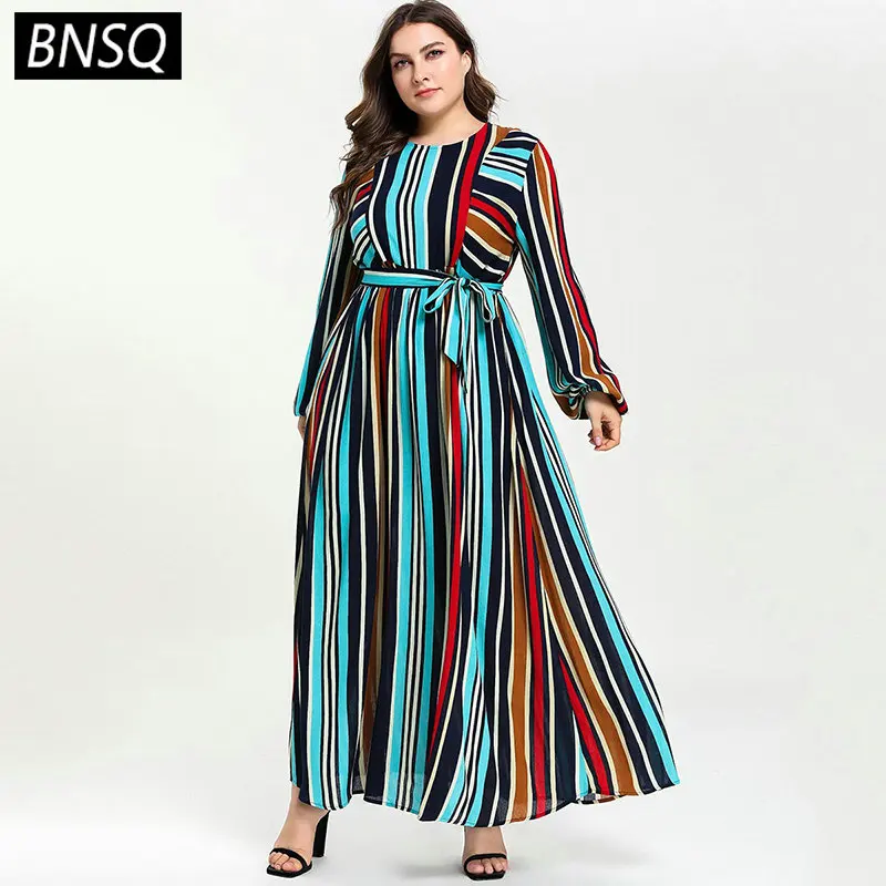 

BNSQ Color Maxi Long Dress For Women Stripe Patchwork With Sashes Loose Dresses O Neck Long Sleeve Elegant Female Clothes 2019