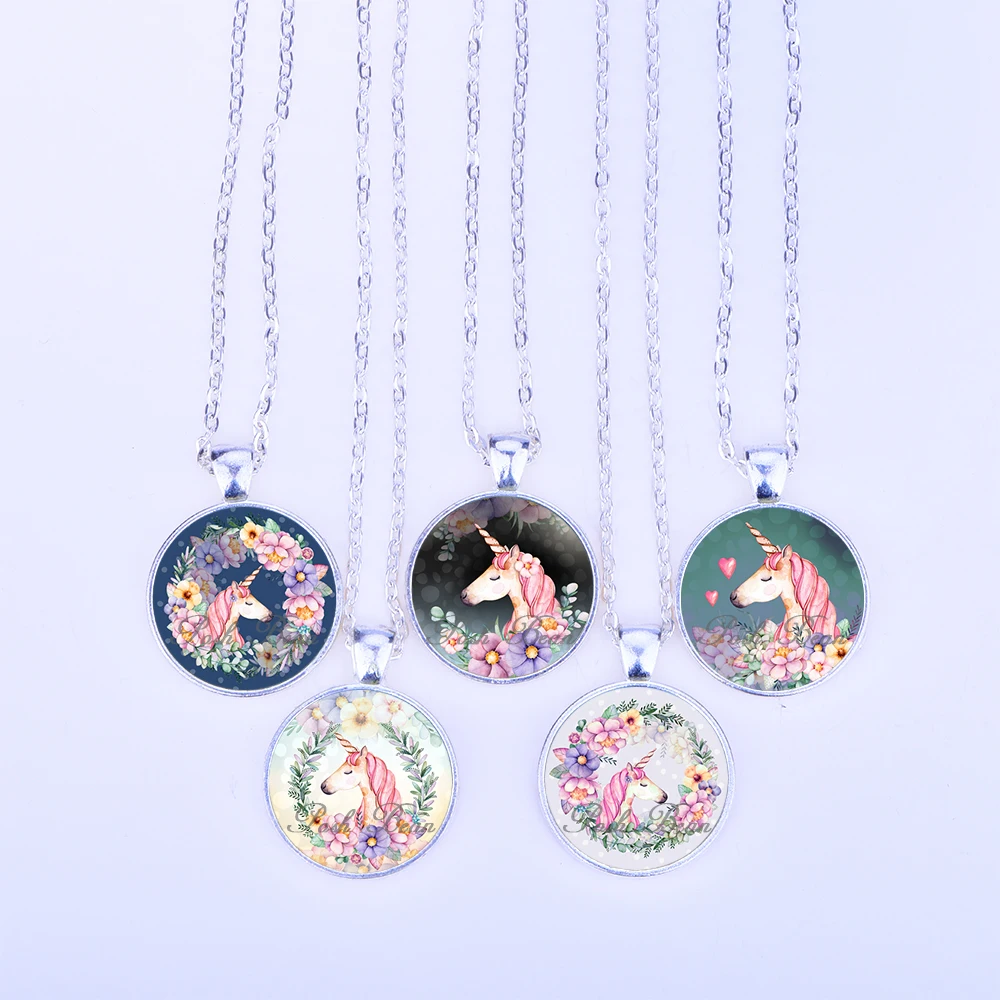 

Cute Pink Unicorn Necklace Animal Pattern Glass Cabochon Pendant Necklace for Women Handmade Jewelry Party Favor Gifts for Kids