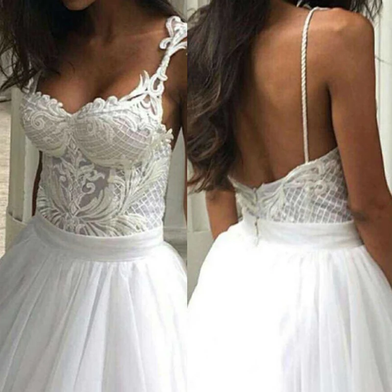 

BeryLove Ball Gown White Wedding Dresses 2018 Spaghetti Straps Tulle Lace Wedding Gowns Women Bridal Party Dress Wedding Dress