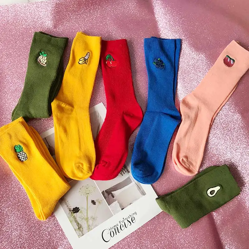 

Cartoon Fruits Cotton Colored Women Socks Hipster Embroidery Women Solid Fruits Cherry & Pineapple Funny Girls High Sock