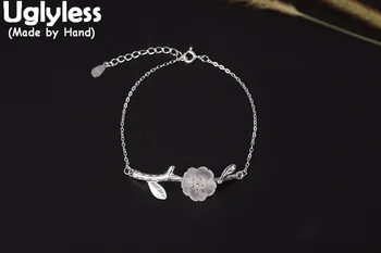 

Uglyless Real 925 Sterling Silver China Style Ethnic Flower Bracelets for Women White Crystal Plum Bracelet Handmade Leaf Bijoux