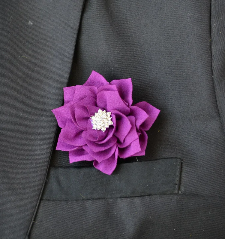 5Pcs Best Man Groom Boutonniere 7 Color Silk Camellia Flower Crystal