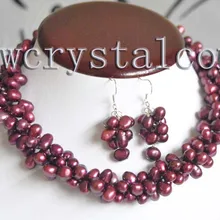 3 Str темно-фиолетовое пресноводное жемчужное ожерелье витые серьги