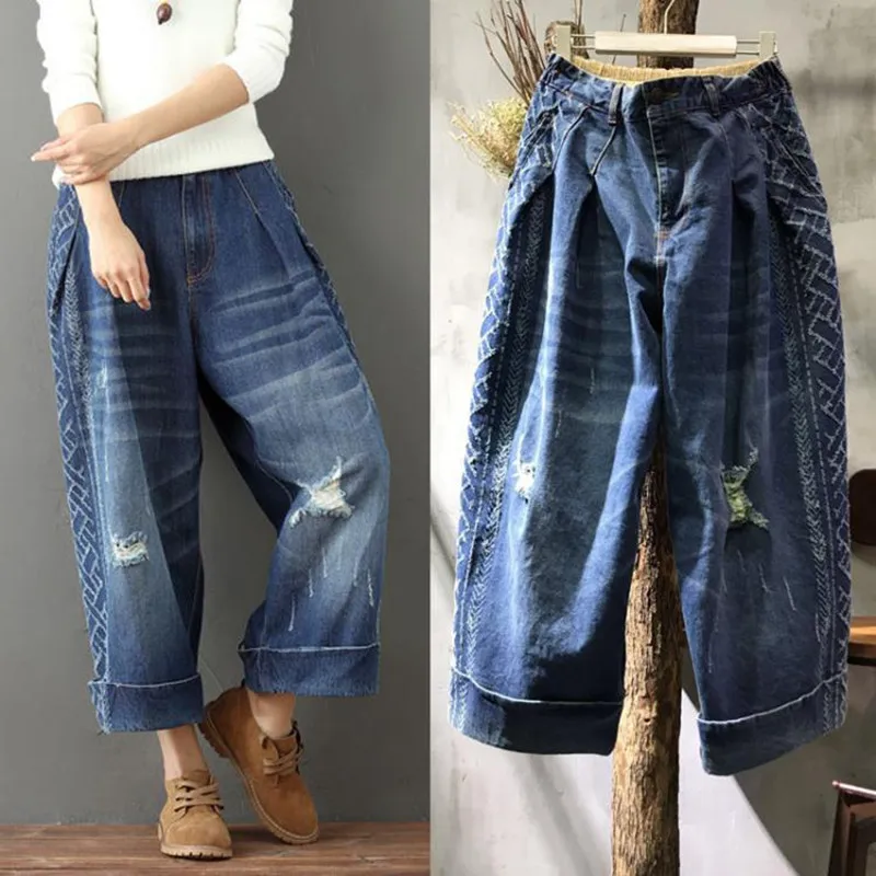 Free Shipping 2021 New Fashion 3/4 Pants For Women Denim Jeans Trousers  Elastic Waist Wide Leg Pants With Holes Vintage Pants