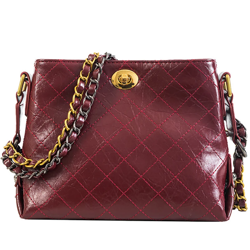 

Fashion solid color plaid high quality oil wax leather PU leather female shoulder bag sewing thread woman Messenger bag