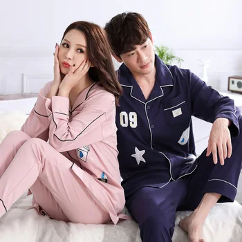 

Woman winter letters printing pajama set all cotton Nifty lapel Couples nightclothes Splicing sleeve warm home clothing female
