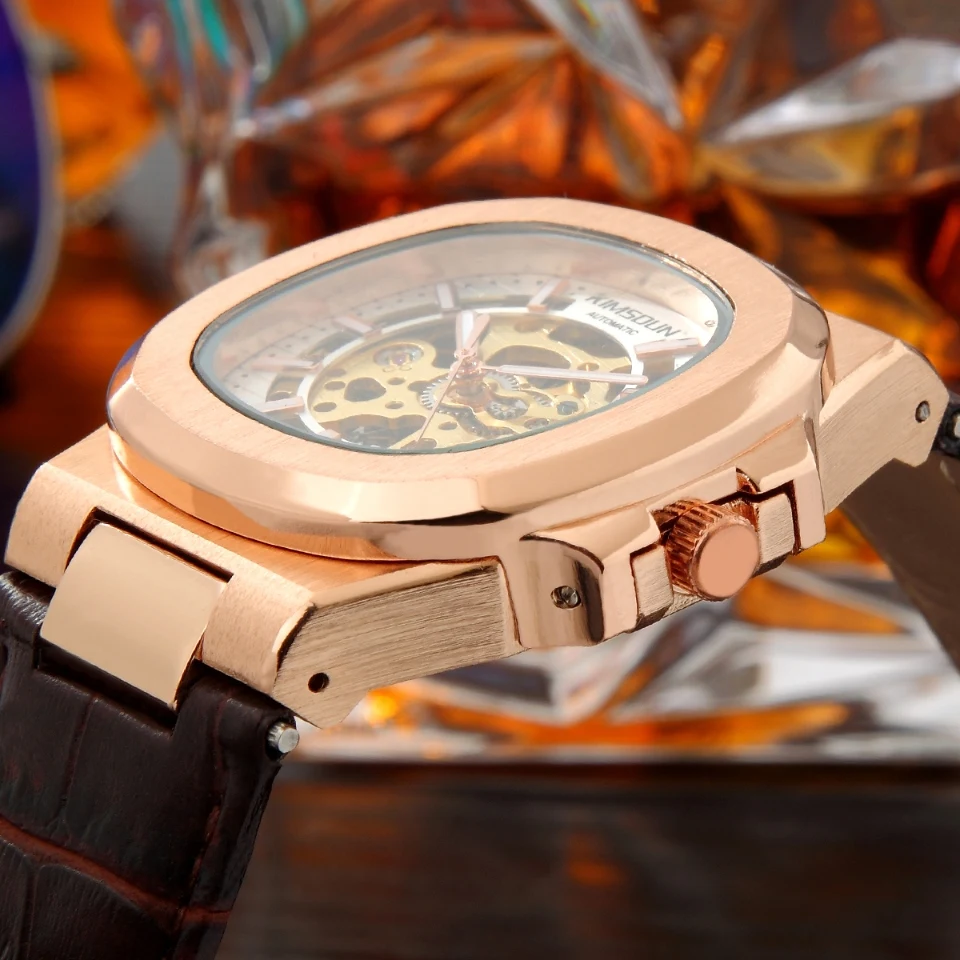 KIMSDUN лучший бренд модный дизайн Роскошные мужские часы кожаный ремешок рамка из нержавеющей стали автоматические механические часы montre homme