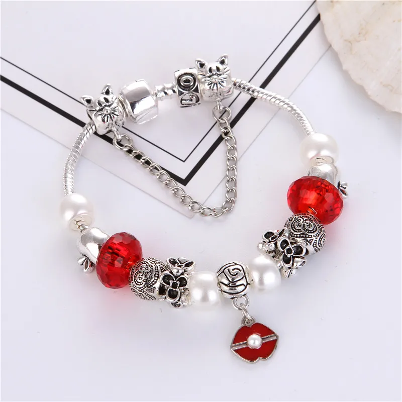 

High Quality Red crystal pearl Pendant Noble Pretty Charm Bracelet Pandora Bracelet For Women/Gril gift jewelry Drop Shipping