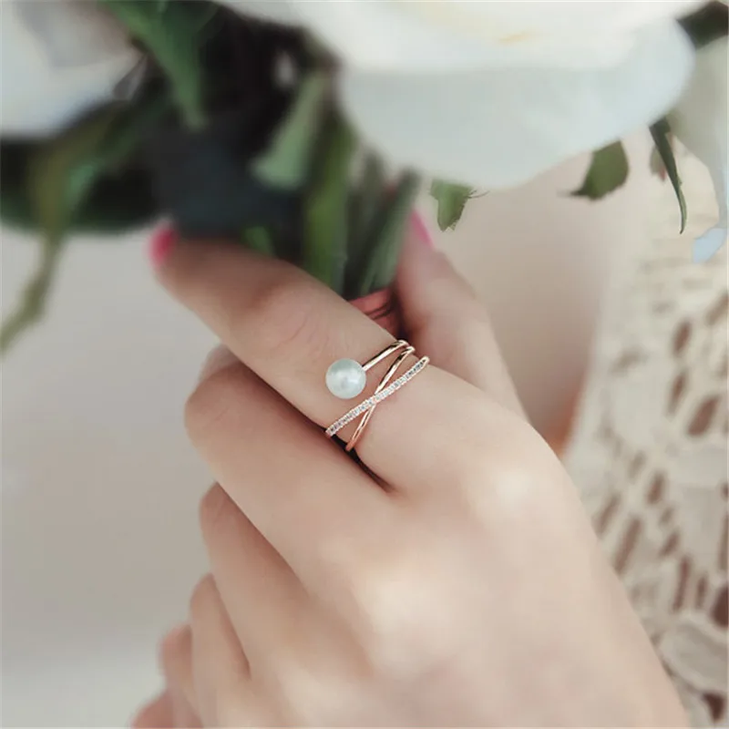 

Hot Sale Simulated Pearl Ring Cross Rings For Women Cubic Zircon Adjustable Ring Fashion Jewelry bagues pour femme