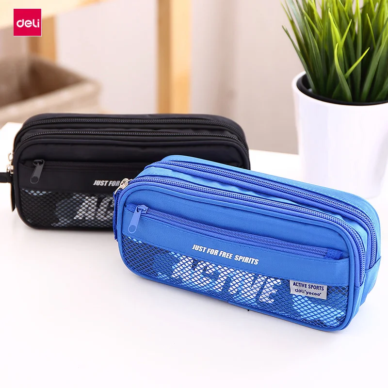 Deli 3074 pencil case advanced canvas pencil bag blue/black office