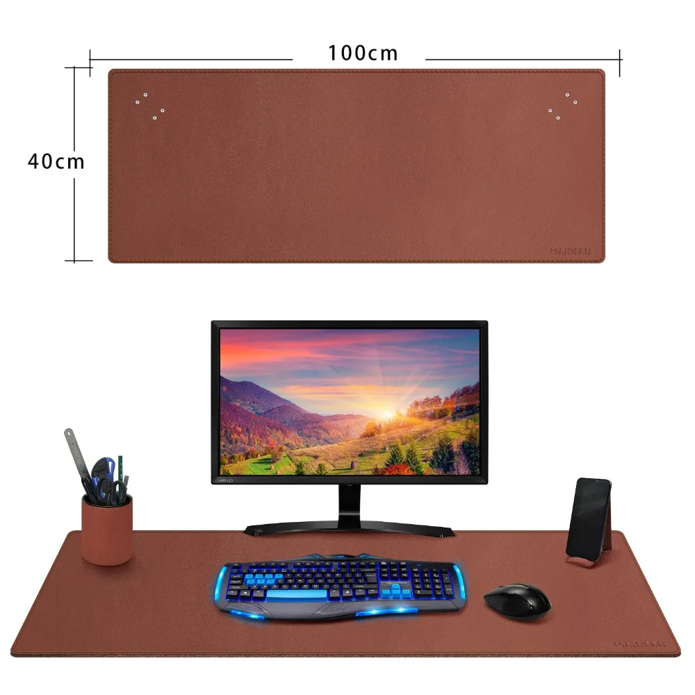 

Multifunctional Office Desk Pad, Maidern 100x40cm Large Extended Waterproof PU Leather Mouse Pad with Penholder and Phone Stands