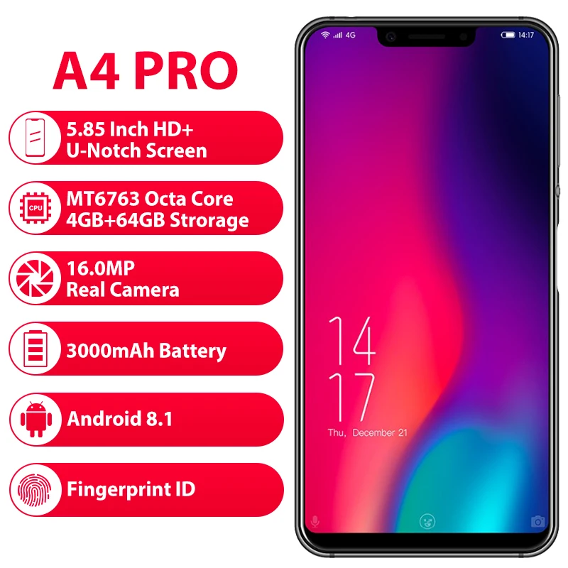 Elephone A4 Pro 5 85 дюймов HD + u образный экран мобильный телефон Android 8 1 4 Гб ОЗУ 64 ПЗУ MT6763