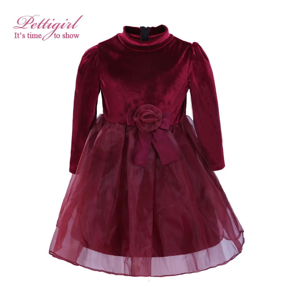 

Pettigirl Hot Selling Autumn Rose Red Christmas Dress For girls Long Sleeve Velvet Appliques Dress Girls Wear G-NBGD1009-78R