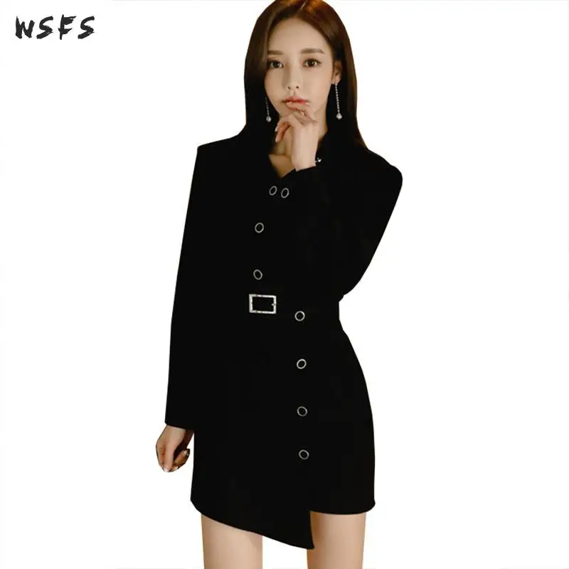 

Spring Elegant Dresses Black Long Sleeve Women Dress Office Ladies Belt Vintage Bodycon Sexy Party Mini Asymmetrical Wrap Dress