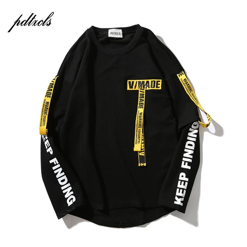 

Hot Back Ribbon Pullover Printed Sweatshirts Men 2019 Hip Hop Spring Casual Fashion Long Sleeve Swag Sweatshirts Streetwear