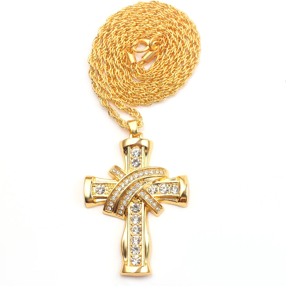Hip Hop Stainless Steel Cross Pendant Necklace Shellhard Gold Color Crystal Long Chain Men Women Charm Jewelry | Украшения и