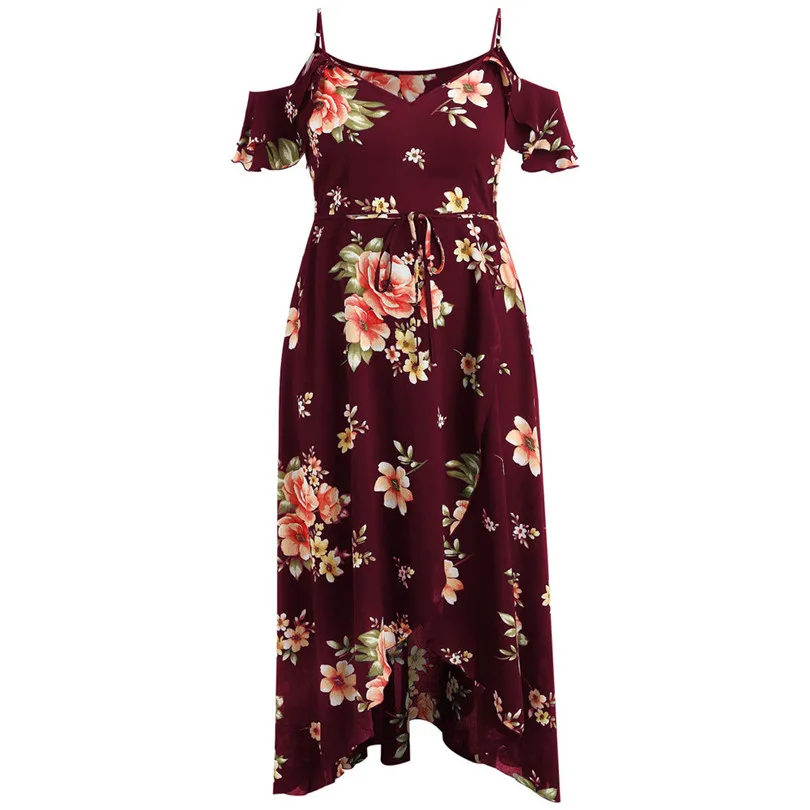   Plus Size Women Summer  Fashion  Casual Short Sleeve Cold Shoulder Boho Party Beach Flower Print Long Dress#4M11 (25)