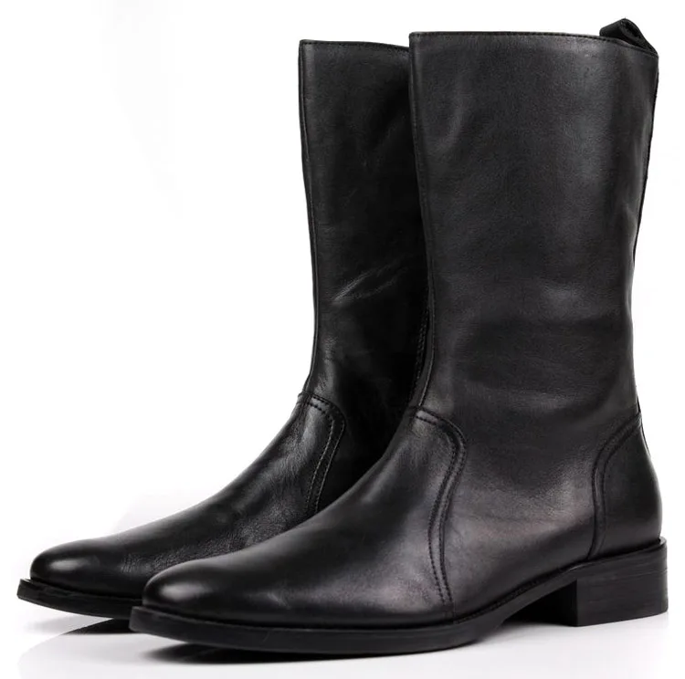 Удобные черные зимние сапоги до колена на молнии; мужские повседневные ботинки; ботинки из натуральной кожи; Мужские ботинки в байкерском стиле