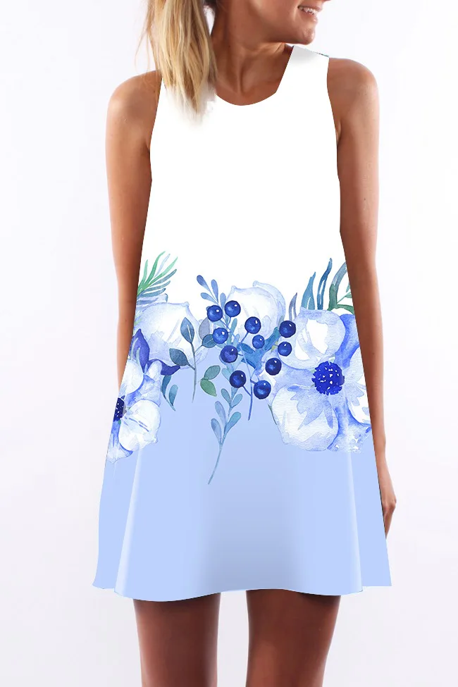 2018 Summer Dress Women Floral Print Polyester Dress Sleeveless Boho Style Short Beach Dress Sundress Casual Shift Dresses (5)