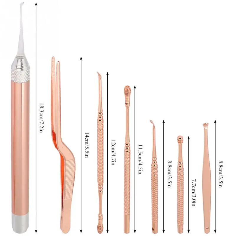 7 шт./компл. Детские уши чистые фонарик воск сборщики Remover набор палочка для ушей уши выбрать Ушная кюрета дома Ухо Уход инструмента удалитель ушной серы - Цвет: Золотой