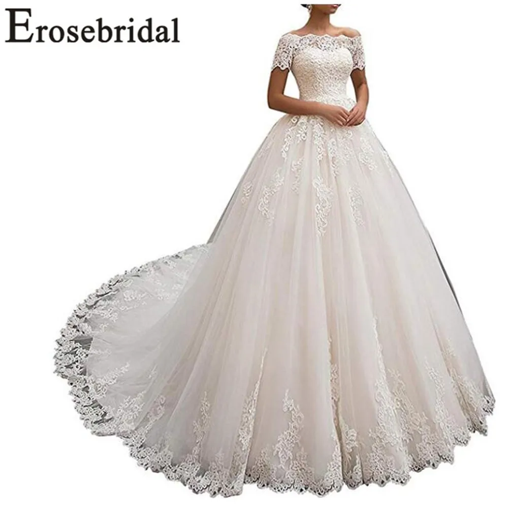 

Erosebridal New Arrival Vintage Wedding Dresses 2019 Boat Neck Wedding Gowns off the Shoulder Women Bridal Dress Vestido De Gown