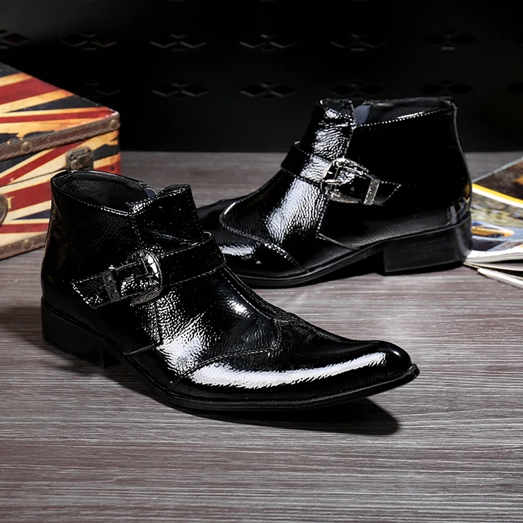  Italy Luxury Black Leather Foreign Trade Pointed Toe Men Ankle Boots Buckle Middle Heel Zip T Show Presenter Gentleman Shoes Coo 