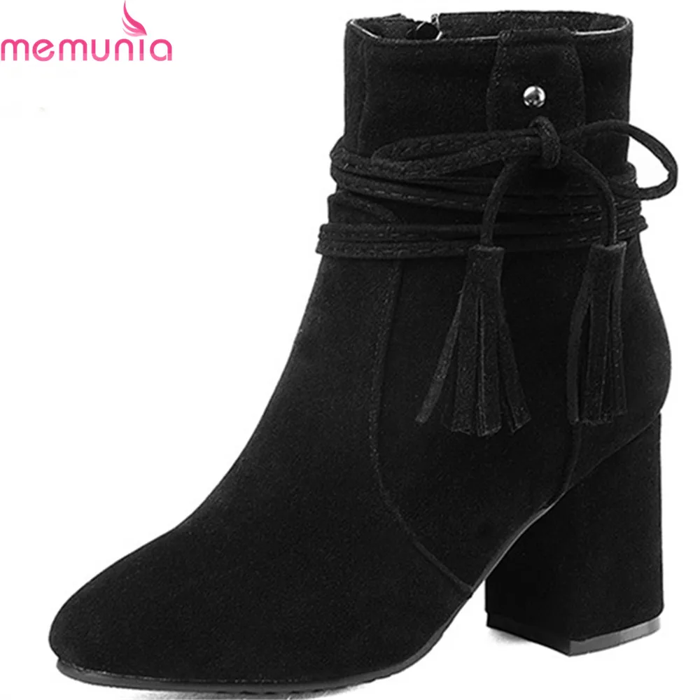 

MEMUNIA plus size 33-47 fashion women boots round toe ladies boots zipper cross tied square heel ankle boots autumn winter boots