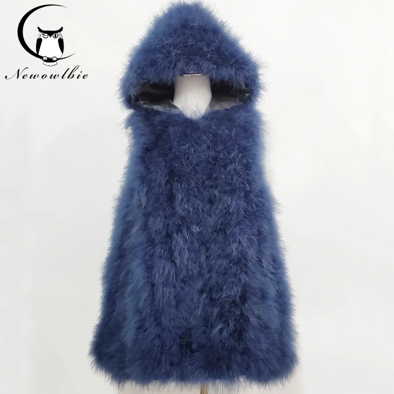 

New ostrich hair vest 70 cm long plus hat small fresh 100% turkey feather vest real fur coat Encrypted hand weaving