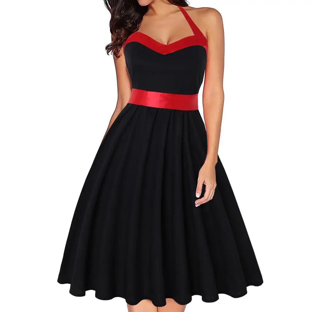 2018 New Women Vintage Dress Solid Color Halter Summer Pleated