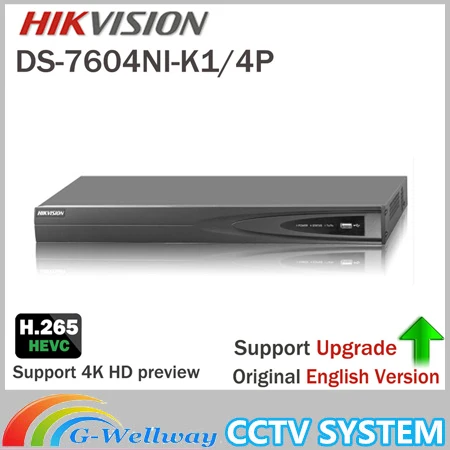 

HIKVISION DS-7604NI-K1/4P 4CH POE Embedded Plug Play 4K PoE NVR for IP Camera CCTV System Upgradable HDD Selectable