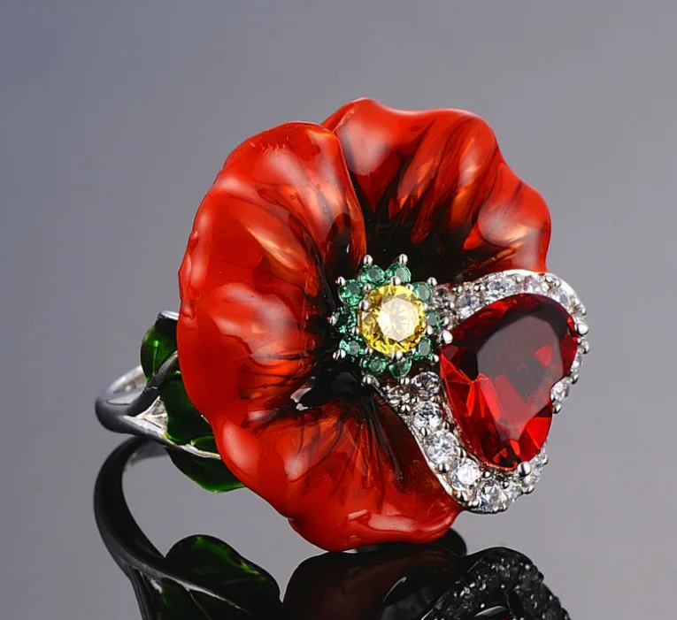 Красный цветок Bling Циркон Камень растение кольца для женщин милые Свадебные обручальные модные украшения для вечеринок