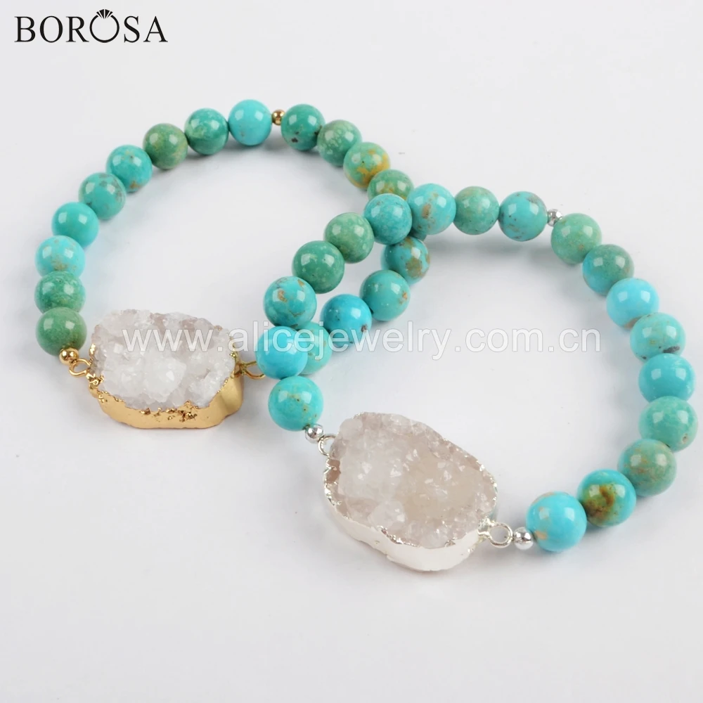

BOROSA 3PCS Gold/Silver Color Natural Agates Druzy With 8mm Blue Turquoises Beads Elastic Bracelet G1733 S1733