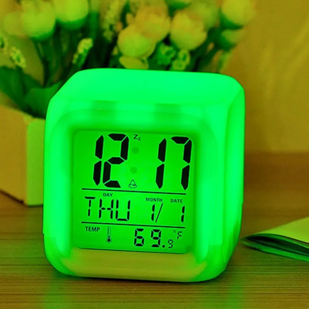 Portable Lovely Fashion 7 Colors Change Square Digital Alarm Clock with LCD Screen Display Luminous Mode Home Office Use