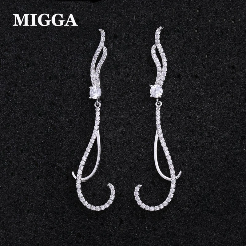 

MIGGA New Geometric Design Cubic Zirconia Long Luxury Earrings for Ladies White Gold Color Stud Earrings