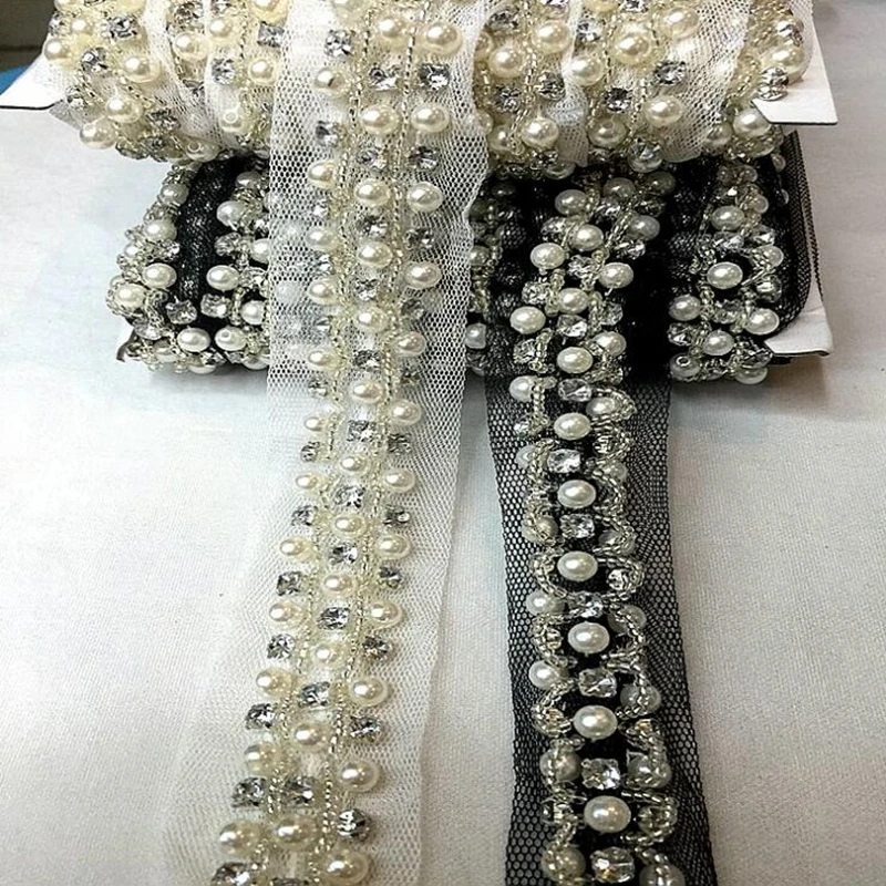 

Vintage 3.5cm Nylon Rhinestone Pearl Beaded Embroidered Lace Trim Ribbon Fabric Handmade DIY Costume Dress Sewing Supplies Craft