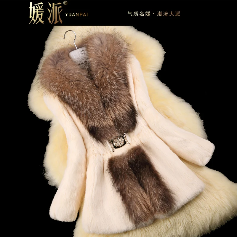 Autumn Ladies Nature Rabbit Fur Coat Jacket Raccoon Fur Collar Winter Women Fur Trench Outerwear Coats