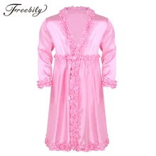 Мужские Сисси Шелковистое атласное халат нижнее белье одежда с длинным рукавом оборками по краям длинная ночная рубашка, одежда для сна