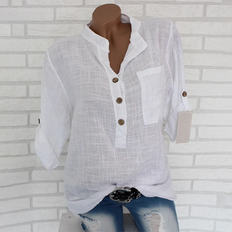 Womens Cotton Linen Stand Collar Shirt Blouse Plus Size 5XL White Solid Pocket Womens Shirts 2020 Spring Loose Blouses Female Womens Cotton Linen Stand Collar Shirt Blouse Plus Size 5XL White Solid Pocket Womens Shirts 2020 Spring Loose Blouses Female