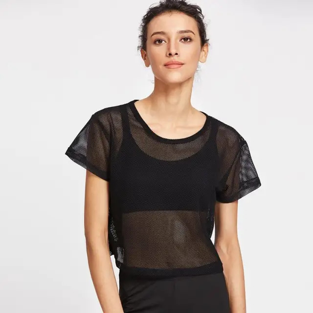 2018 Women Black Mesh Cover Up Tops Fahion Black Tees Push Big Sizein