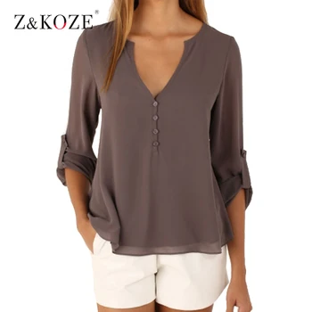 Z&KOZE New Autumn Fashion Women deep v neck button long sleeve ladies tops chiffon shirts solid elegant Top casual blouse