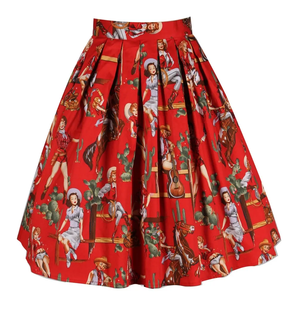 Женская красная плиссированная юбка с принтом, повседневная винтажная Пышная юбка с высокой талией, летняя стильная женская юбка, 50 s 60 s Хепберн в стиле ретро, юбки