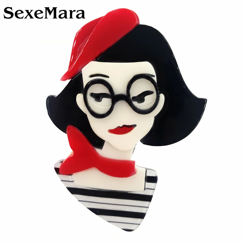 

SexeMara New Design Fashion Handmade Red Hat Acrylic Girl Brooch For Women Girls Cartoon Brooch Pins Lapel Badges DIY Adornment